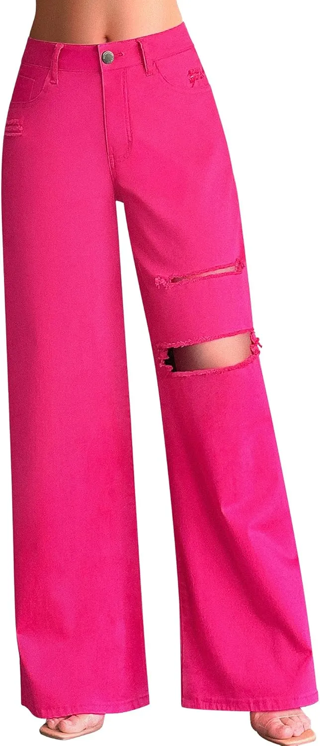roswear Womens Baggy Wide Leg Jeans Boyfriend Trendy High Waisted Ripped Stretchy Denim Jeans