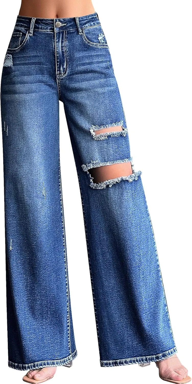 roswear Womens Baggy Wide Leg Jeans Boyfriend Trendy High Waisted Ripped Stretchy Denim Jeans