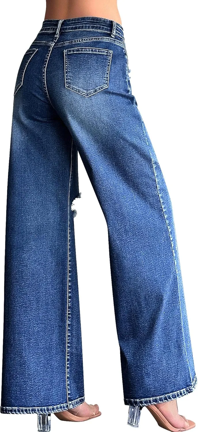roswear Womens Baggy Wide Leg Jeans Boyfriend Trendy High Waisted Ripped Stretchy Denim Jeans