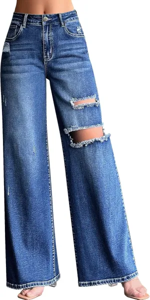roswear Womens Baggy Wide Leg Jeans Boyfriend Trendy High Waisted Ripped Stretchy Denim Jeans