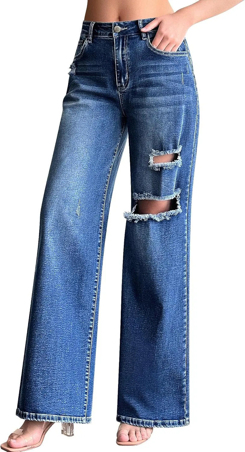 roswear Womens Baggy Wide Leg Jeans Boyfriend Trendy High Waisted Ripped Stretchy Denim Jeans