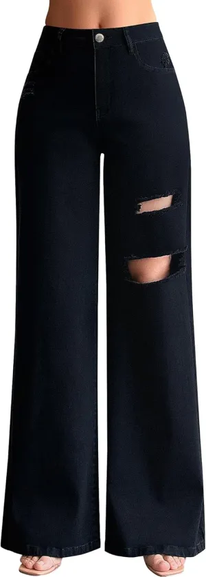 roswear Womens Baggy Wide Leg Jeans Boyfriend Trendy High Waisted Ripped Stretchy Denim Jeans