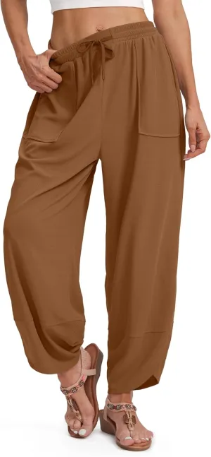 SANTINY Wide Leg Pants Woman Baggy Lightweight Waffle Knit Casual Drawstring Elastic Waisted Palazzo Harem Pants with Pockets