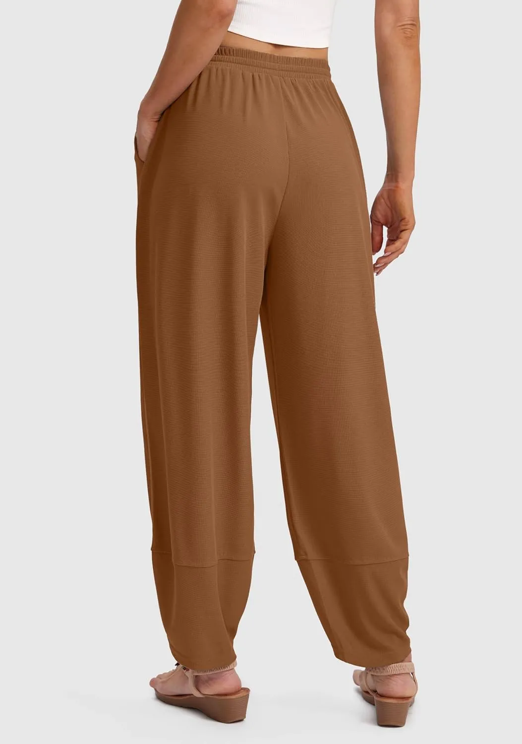 SANTINY Wide Leg Pants Woman Baggy Lightweight Waffle Knit Casual Drawstring Elastic Waisted Palazzo Harem Pants with Pockets