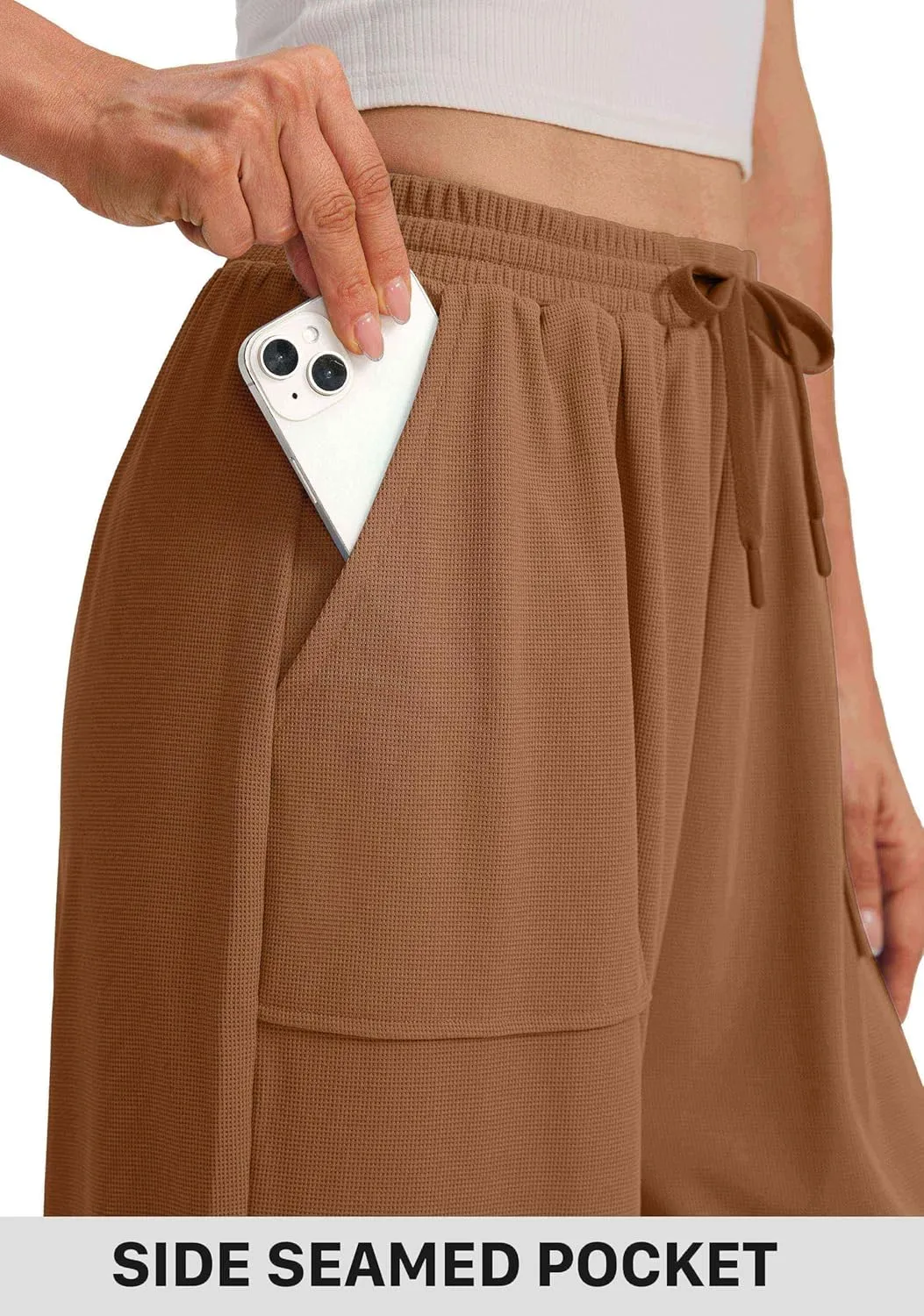SANTINY Wide Leg Pants Woman Baggy Lightweight Waffle Knit Casual Drawstring Elastic Waisted Palazzo Harem Pants with Pockets
