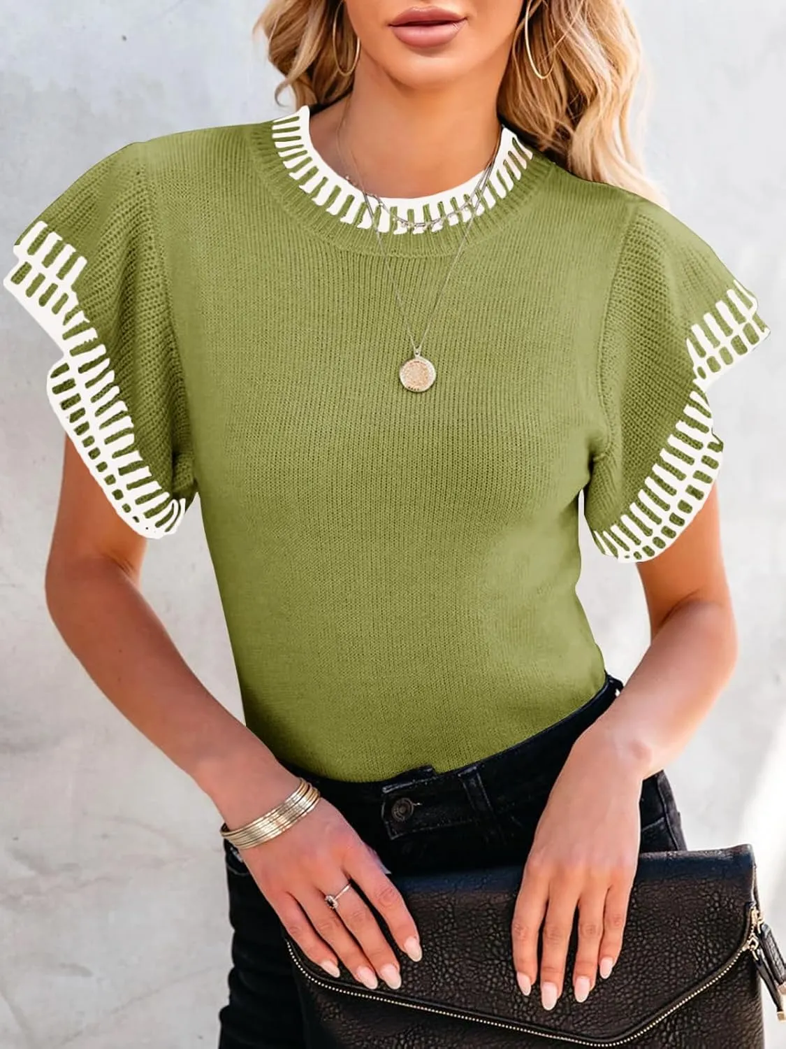 Saodimallsu Womens Short Sleeve Sweaters Tops Summer Ruffle Striped Loose Crew Neck Lightweight Soft Shirts Knit Sweater