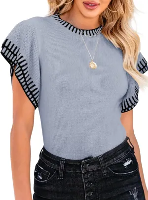 Saodimallsu Womens Short Sleeve Sweaters Tops Summer Ruffle Striped Loose Crew Neck Lightweight Soft Shirts Knit Sweater