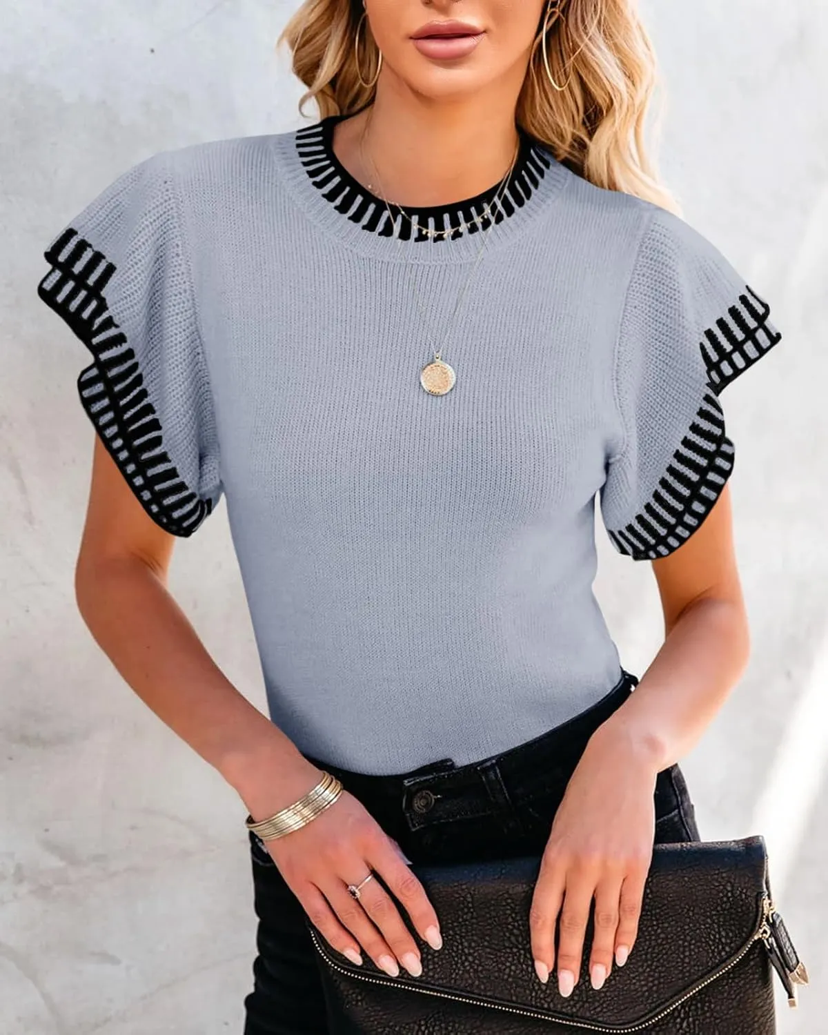 Saodimallsu Womens Short Sleeve Sweaters Tops Summer Ruffle Striped Loose Crew Neck Lightweight Soft Shirts Knit Sweater
