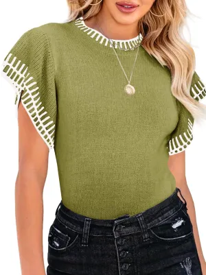Saodimallsu Womens Short Sleeve Sweaters Tops Summer Ruffle Striped Loose Crew Neck Lightweight Soft Shirts Knit Sweater