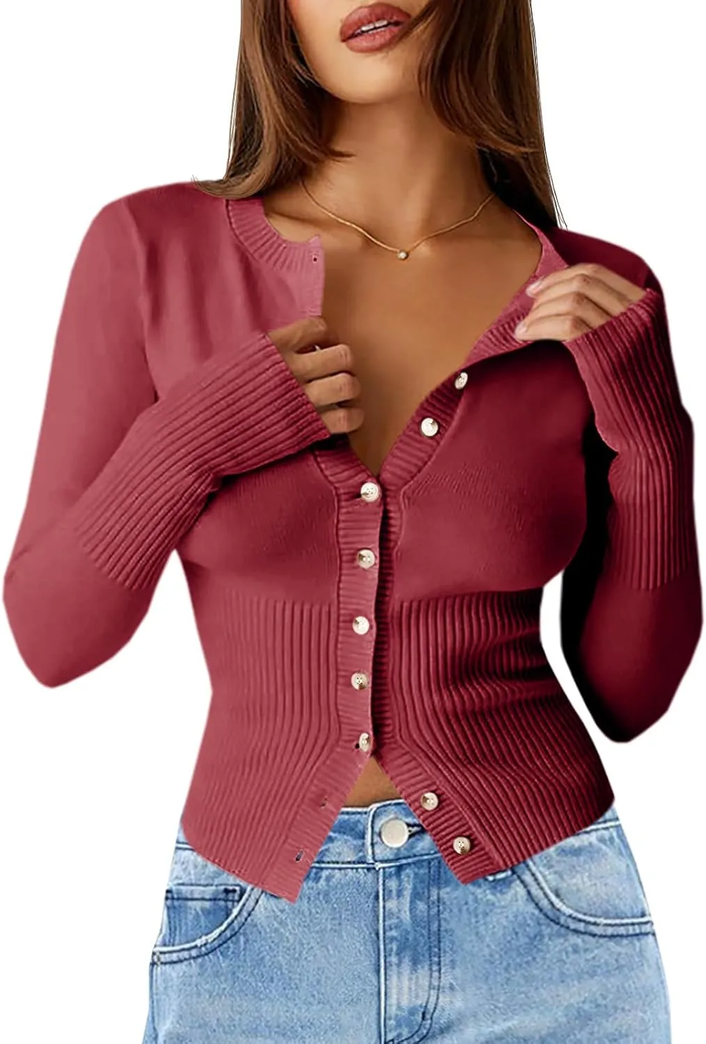 Saodimallsu Womens Slim Fit Cardigan Sweaters Sexy Button Crew Neck Fall Trendy Knit Long Sleeve Soft Open Front Tops