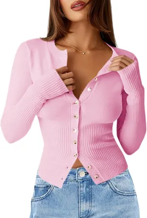 Saodimallsu Womens Slim Fit Cardigan Sweaters Sexy Button Crew Neck Fall Trendy Knit Long Sleeve Soft Open Front Tops