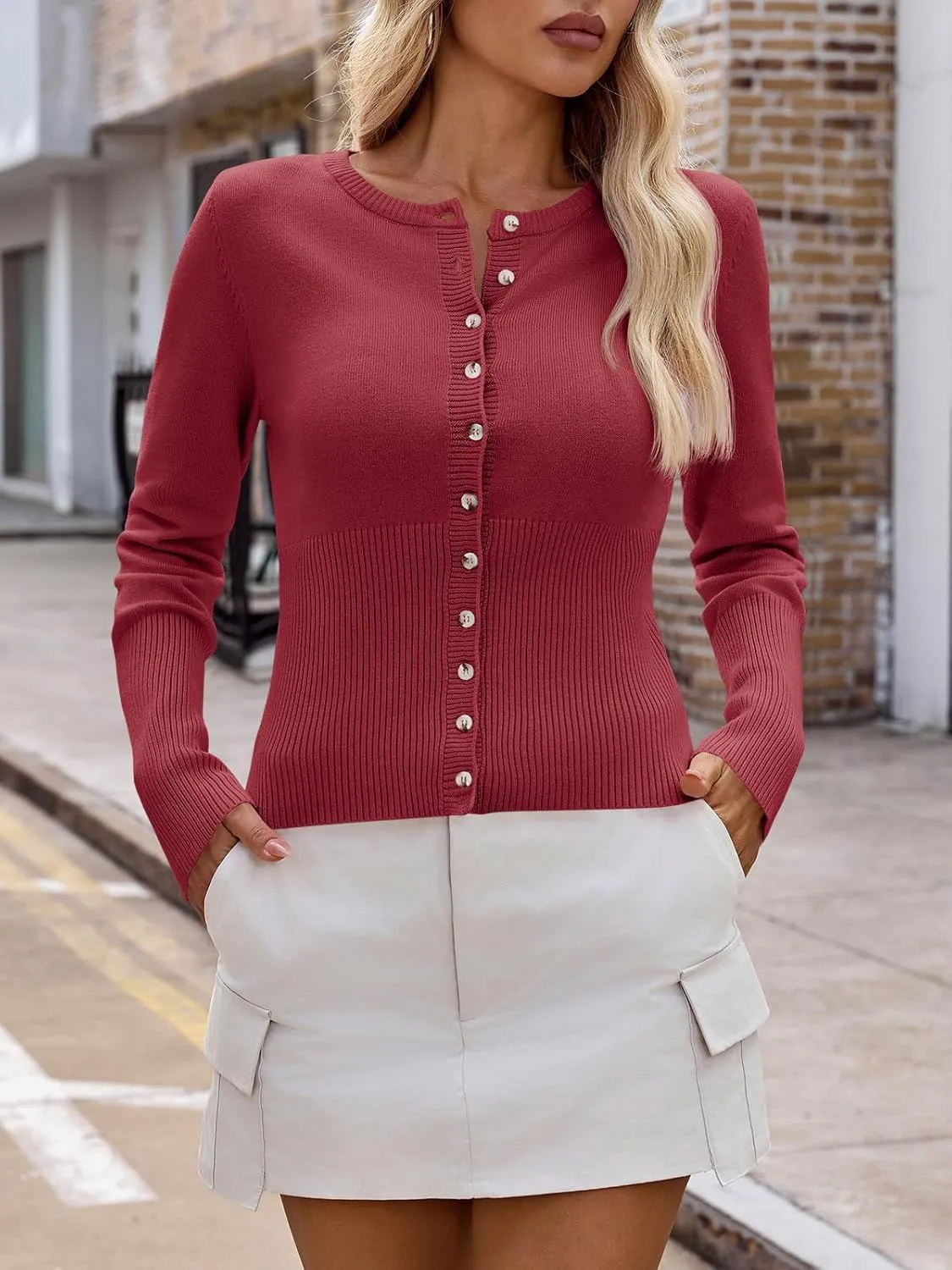 Saodimallsu Womens Slim Fit Cardigan Sweaters Sexy Button Crew Neck Fall Trendy Knit Long Sleeve Soft Open Front Tops