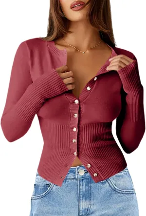 Saodimallsu Womens Slim Fit Cardigan Sweaters Sexy Button Crew Neck Fall Trendy Knit Long Sleeve Soft Open Front Tops
