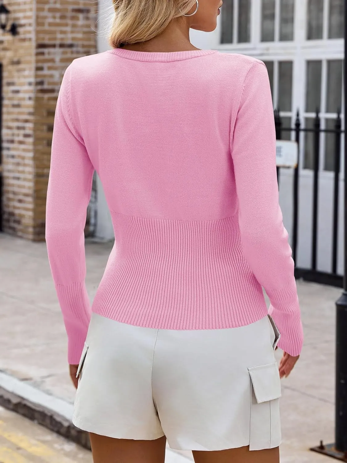 Saodimallsu Womens Slim Fit Cardigan Sweaters Sexy Button Crew Neck Fall Trendy Knit Long Sleeve Soft Open Front Tops