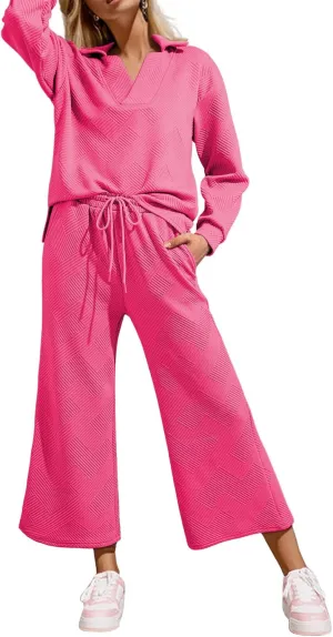 SHEWIN 2 Piece Sets for Women Collared V Neck Long Sleeve Polo Shirts Tops Lounge Set Tracksuits Sweatsuits