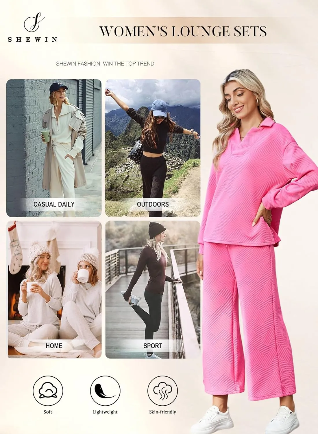 SHEWIN 2 Piece Sets for Women Collared V Neck Long Sleeve Polo Shirts Tops Lounge Set Tracksuits Sweatsuits