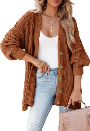 SHEWIN Women's Casual Long Sleeve Button Open Front Lightweight Cardigan Soft Cable Knit Sweater Outwear