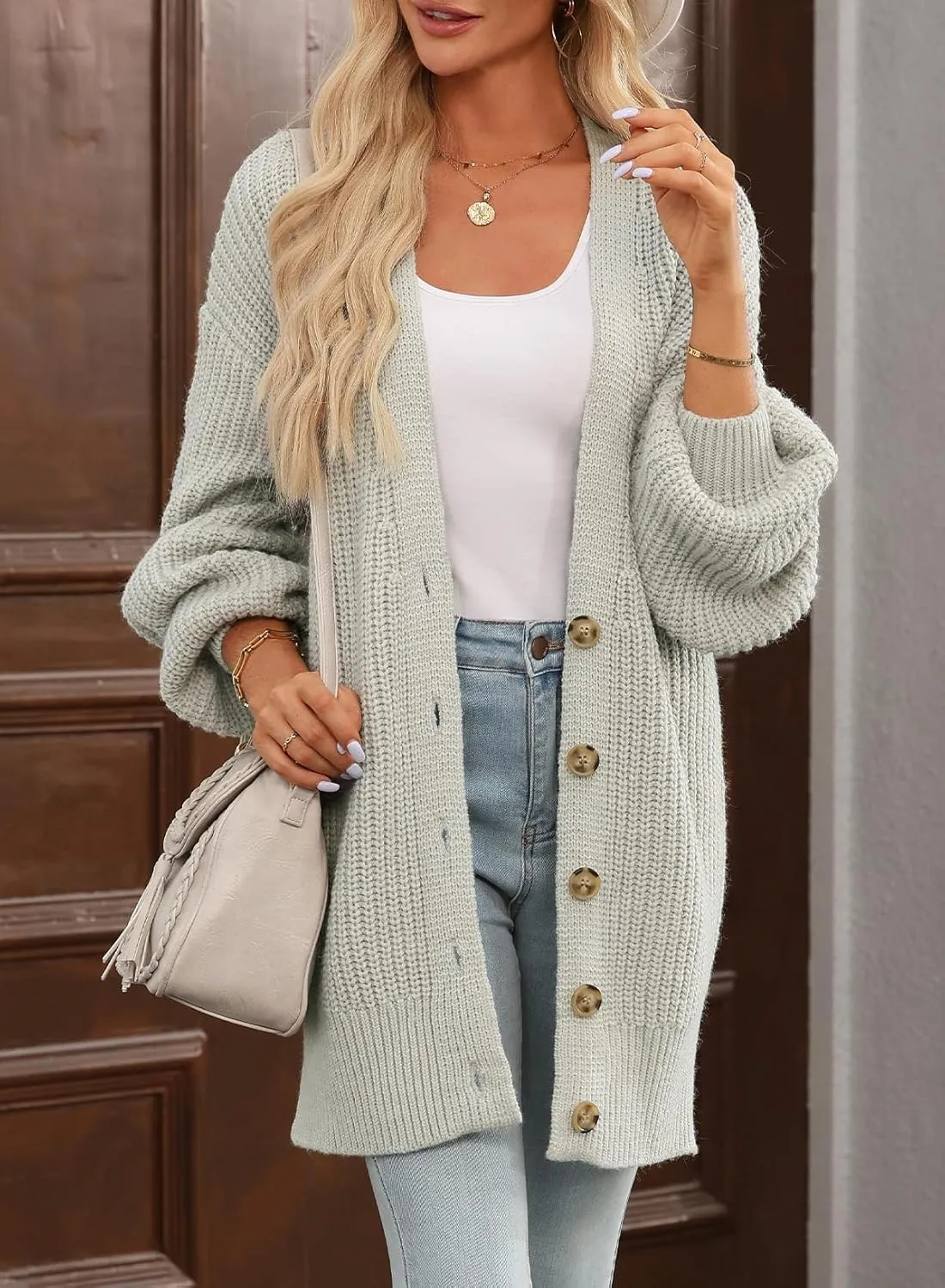 SHEWIN Women's Casual Long Sleeve Button Open Front Lightweight Cardigan Soft Cable Knit Sweater Outwear