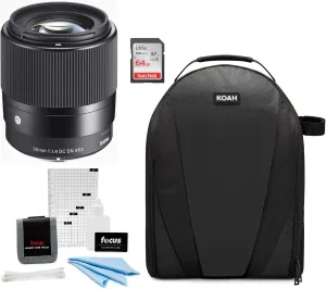 Sigma 30mm F1.4 DC DN Contemporary Lens for Nikon Z Mount Mirrorless Camera with LH586-01 Lens Hood (Black) Bundle with Sling Camera Bag, 64 GB SDXC Memory Card, Cleaning and Accessory Kit (4 Items)
