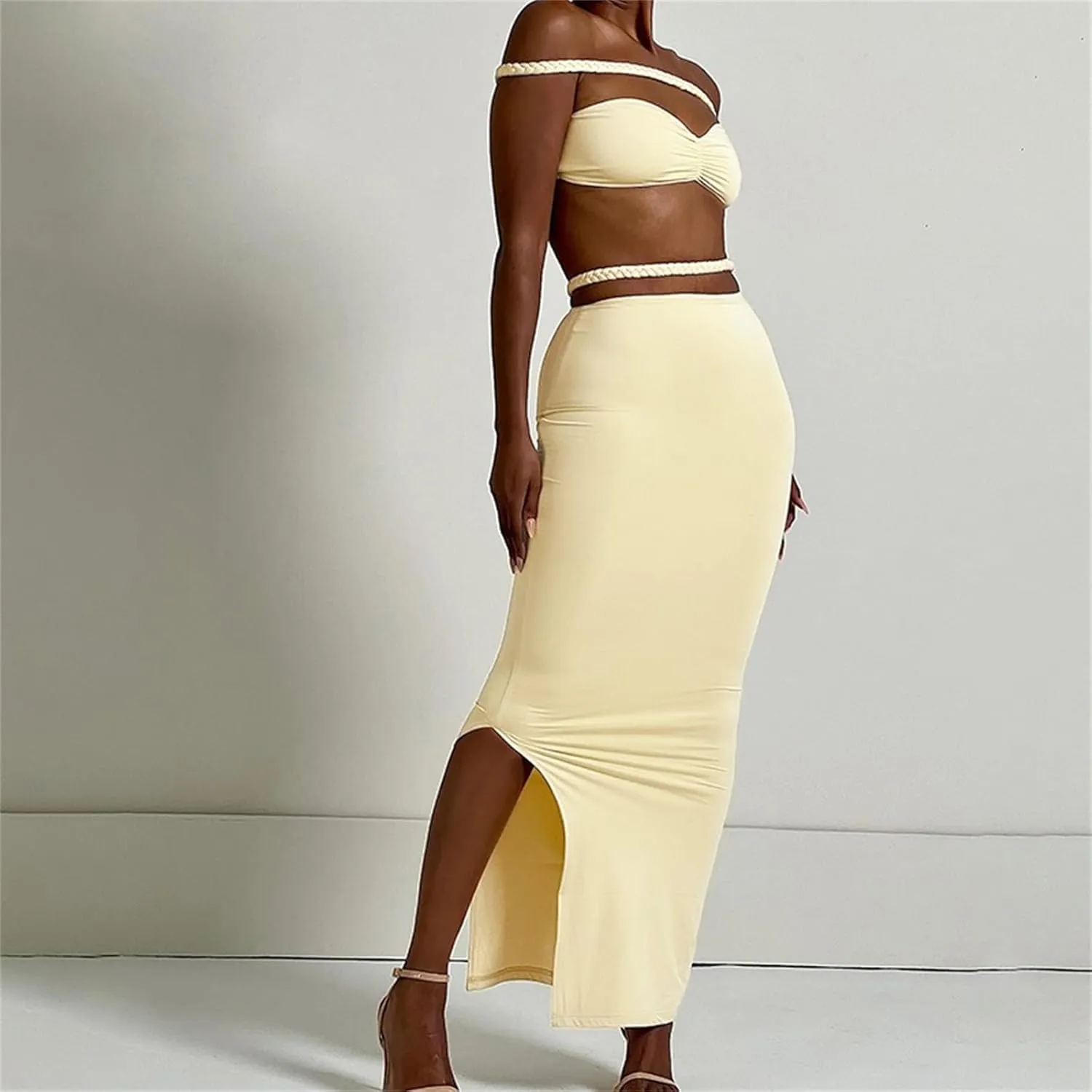 Skirt Suit Set Off Shoulder Tops Tube Tops Bodycon Skirt Maxi Skirt with Slit Summer Vacation Outfits 2 Piece Set