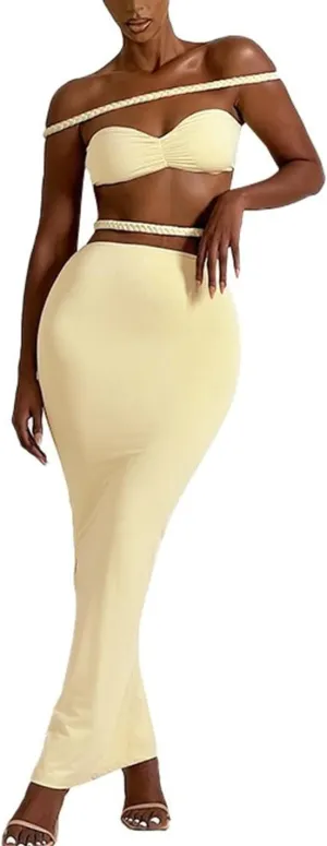 Skirt Suit Set Off Shoulder Tops Tube Tops Bodycon Skirt Maxi Skirt with Slit Summer Vacation Outfits 2 Piece Set