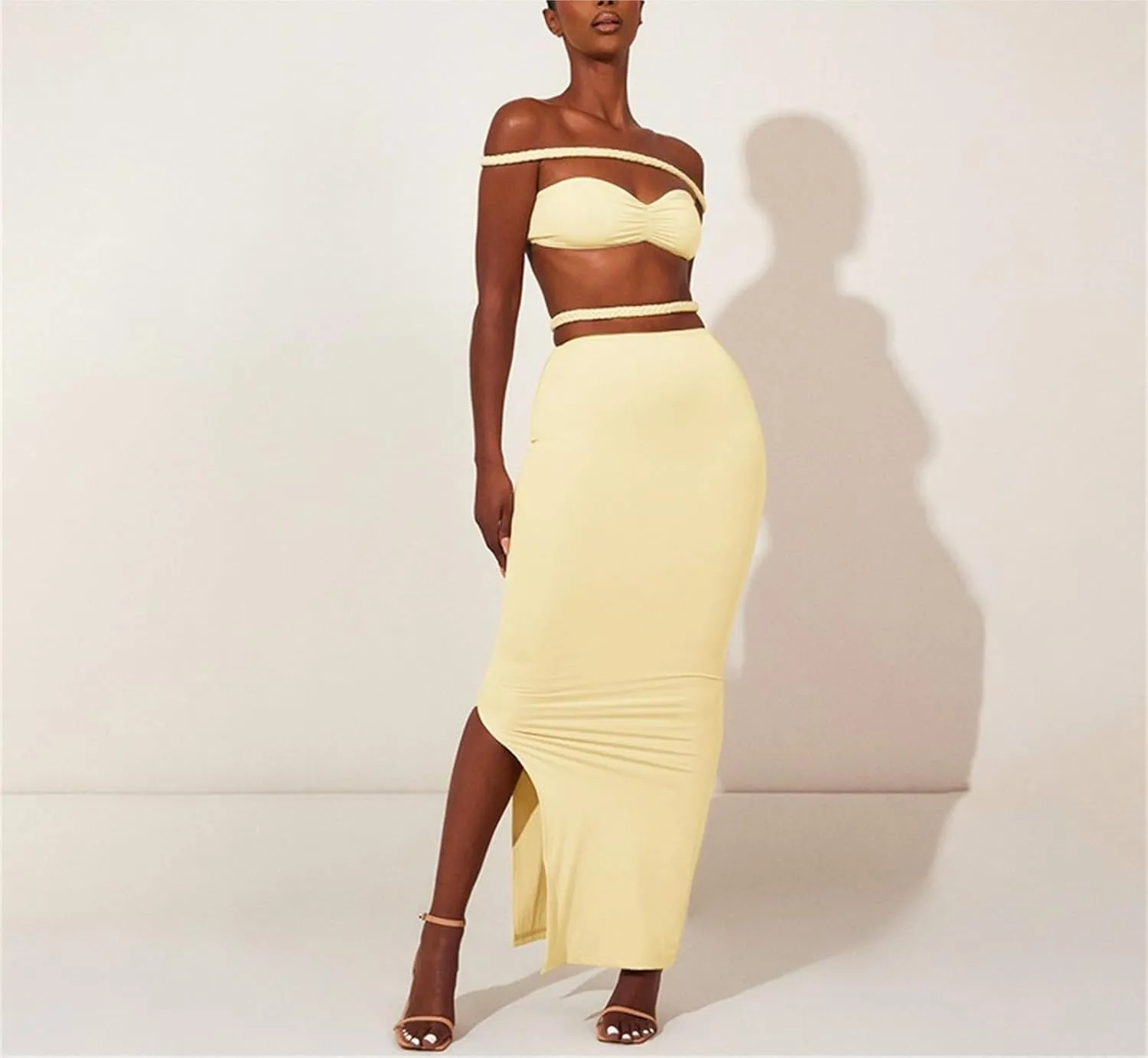 Skirt Suit Set Off Shoulder Tops Tube Tops Bodycon Skirt Maxi Skirt with Slit Summer Vacation Outfits 2 Piece Set