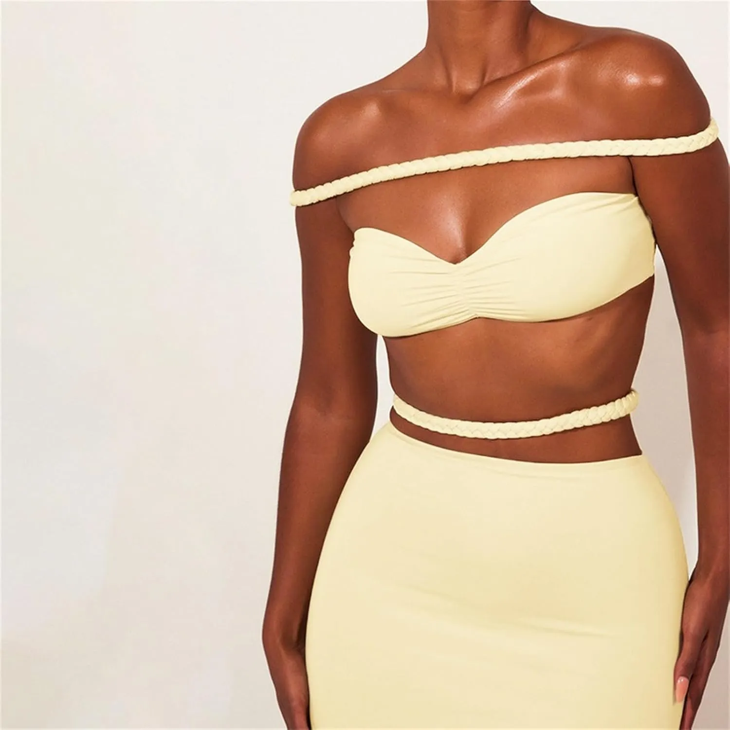 Skirt Suit Set Off Shoulder Tops Tube Tops Bodycon Skirt Maxi Skirt with Slit Summer Vacation Outfits 2 Piece Set