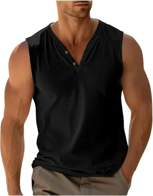 Sleeveless Shirts Mens Summer Gym Workout Tank Tops Button V Neck Beach Vacation Active Shirt Casual Solid Basic Tees