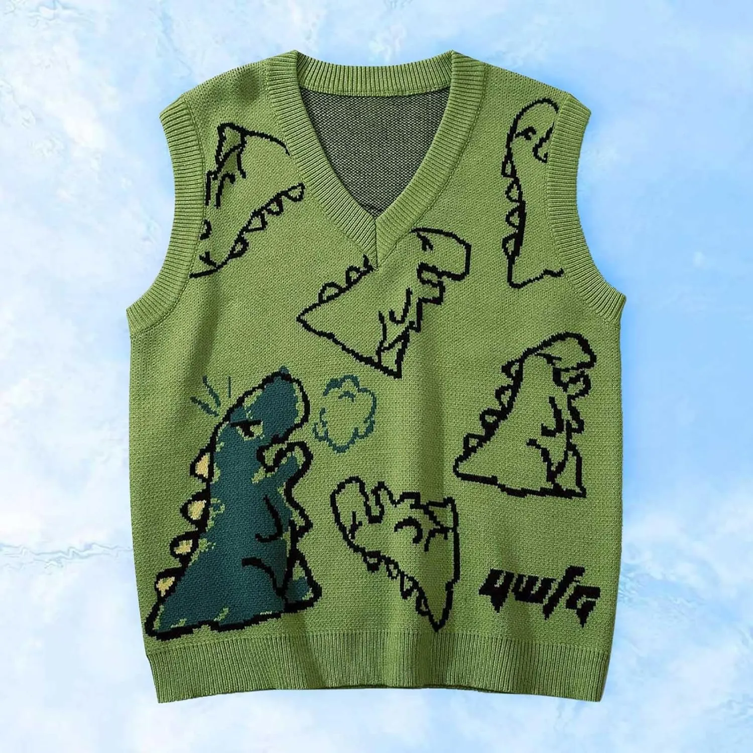 Sleeveless Sweater Vest for Men Dinosaur Graphic Knitted Cute Fashion Pullover Sweater V Neck Comfy Soft Jumper Tops
