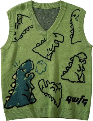 Sleeveless Sweater Vest for Men Dinosaur Graphic Knitted Cute Fashion Pullover Sweater V Neck Comfy Soft Jumper Tops