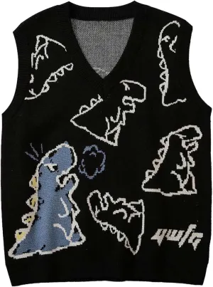 Sleeveless Sweater Vest for Men Dinosaur Graphic Knitted Cute Fashion Pullover Sweater V Neck Comfy Soft Jumper Tops