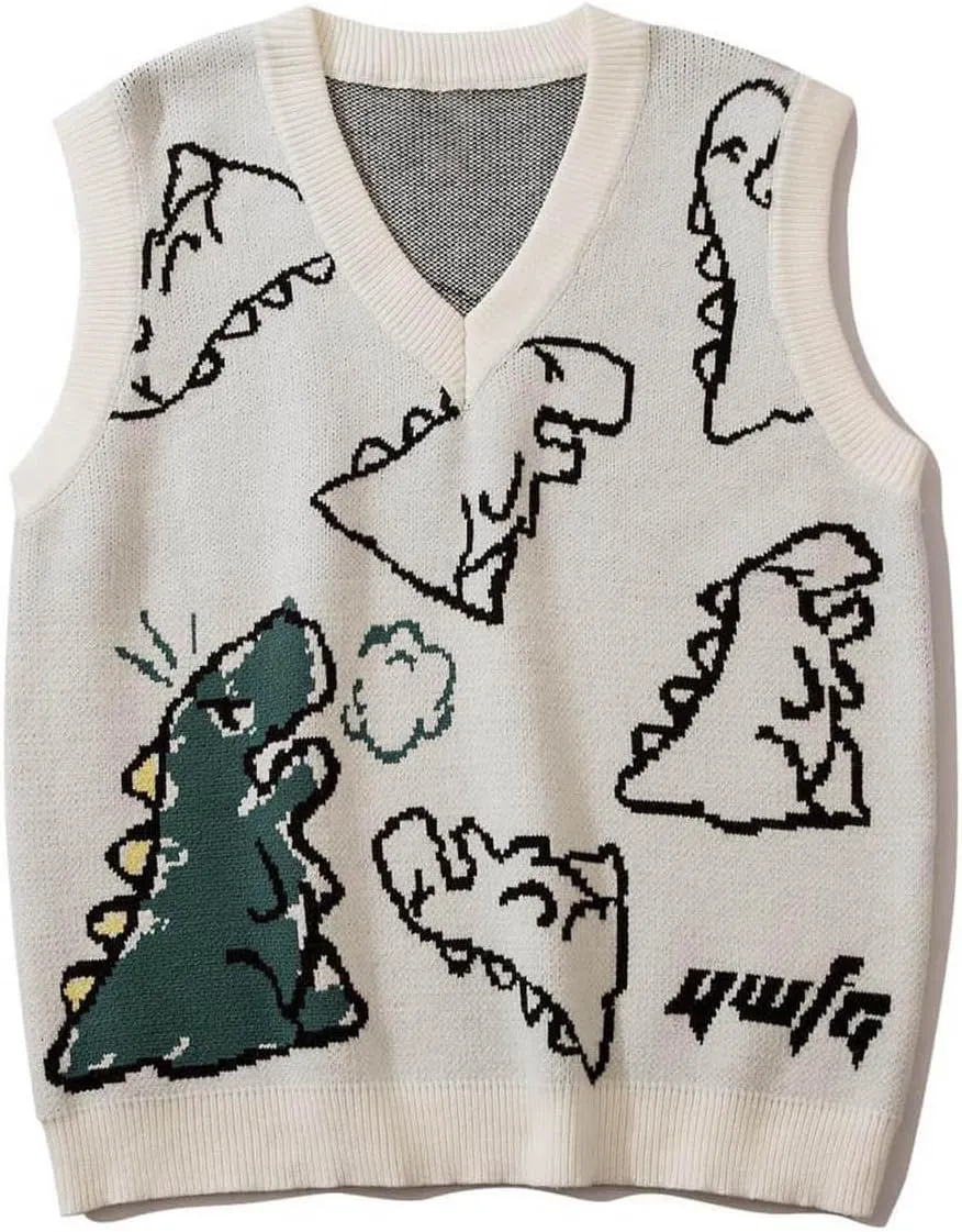 Sleeveless Sweater Vest for Men Dinosaur Graphic Knitted Cute Fashion Pullover Sweater V Neck Comfy Soft Jumper Tops