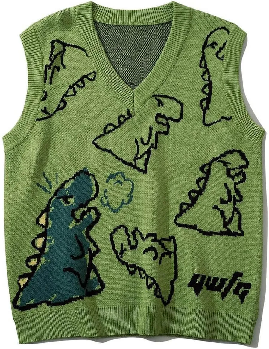 Sleeveless Sweater Vest for Men Dinosaur Graphic Knitted Cute Fashion Pullover Sweater V Neck Comfy Soft Jumper Tops