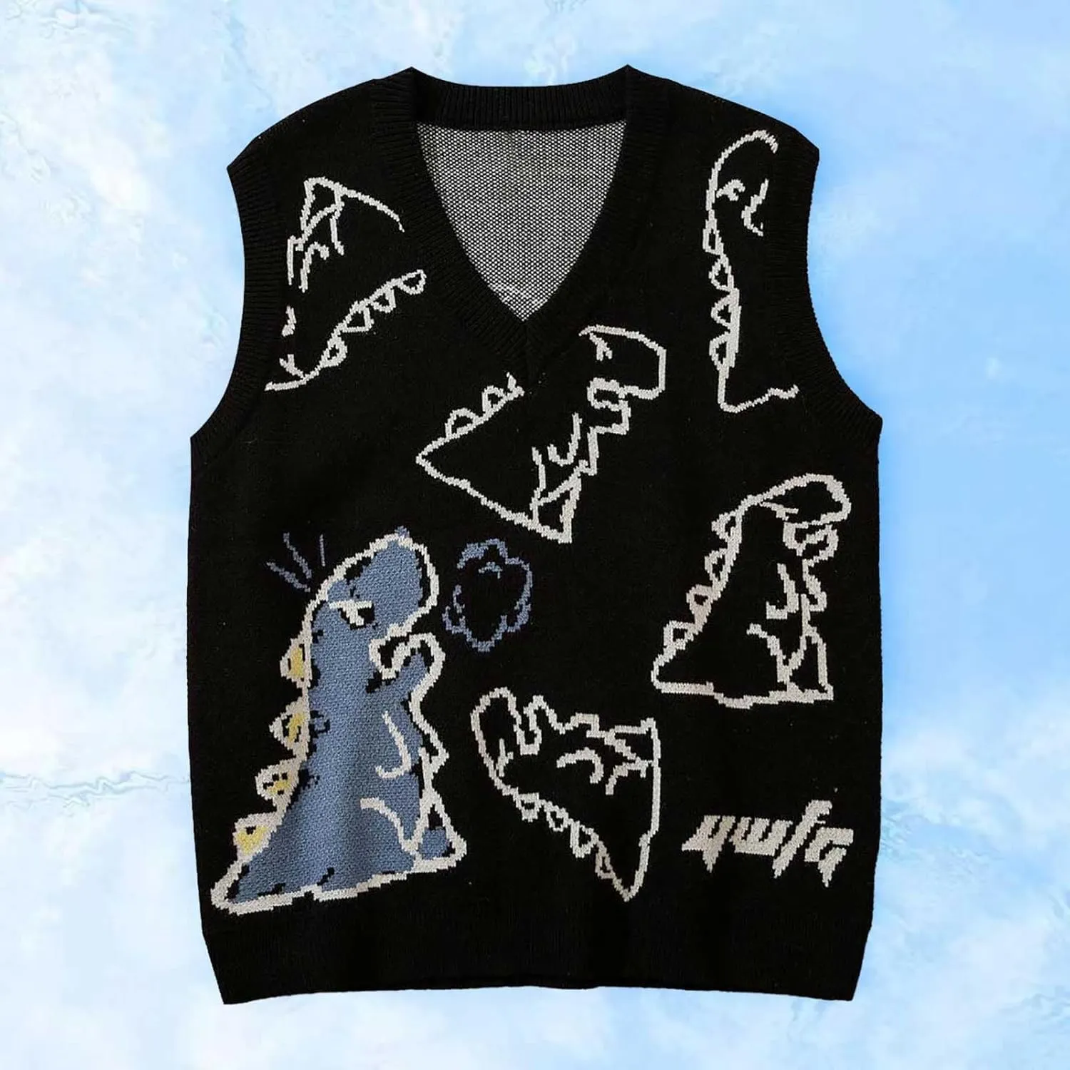Sleeveless Sweater Vest for Men Dinosaur Graphic Knitted Cute Fashion Pullover Sweater V Neck Comfy Soft Jumper Tops