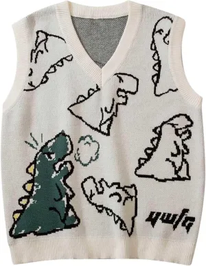 Sleeveless Sweater Vest for Men Dinosaur Graphic Knitted Cute Fashion Pullover Sweater V Neck Comfy Soft Jumper Tops