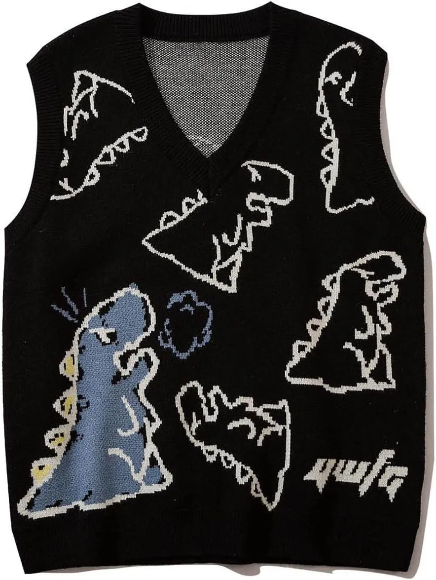 Sleeveless Sweater Vest for Men Dinosaur Graphic Knitted Cute Fashion Pullover Sweater V Neck Comfy Soft Jumper Tops