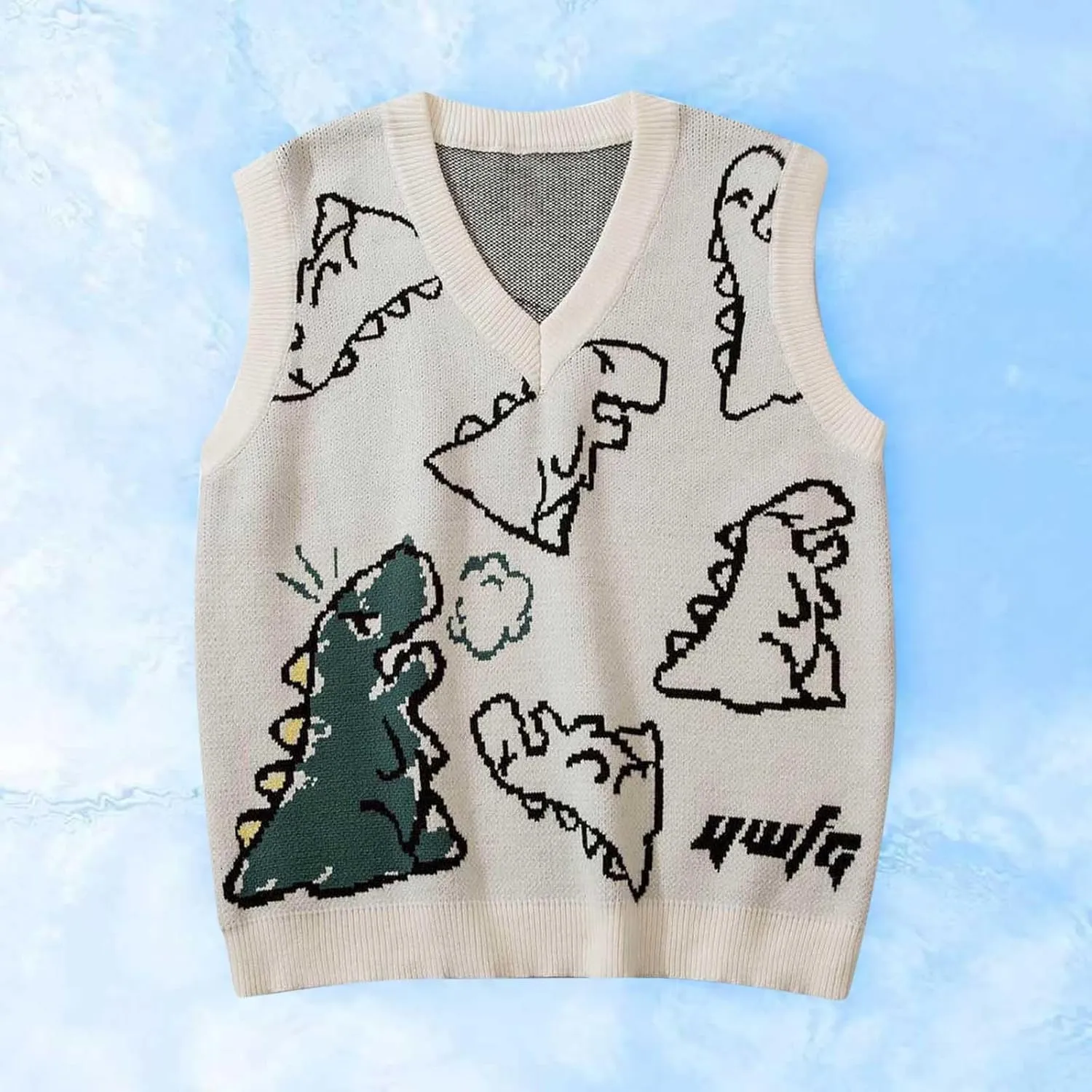 Sleeveless Sweater Vest for Men Dinosaur Graphic Knitted Cute Fashion Pullover Sweater V Neck Comfy Soft Jumper Tops