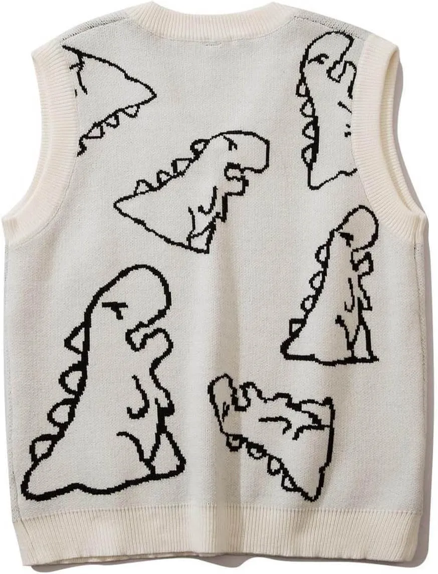 Sleeveless Sweater Vest for Men Dinosaur Graphic Knitted Cute Fashion Pullover Sweater V Neck Comfy Soft Jumper Tops