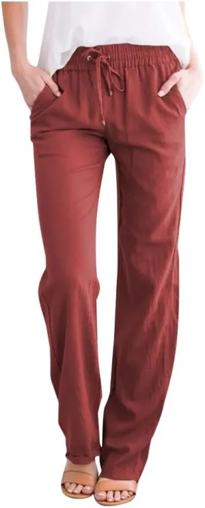 Solid Plain Linen Pants Women Casual Cotton Linen Drawstring Elastic Waist Long Straight Pants Spring Summer Trousers