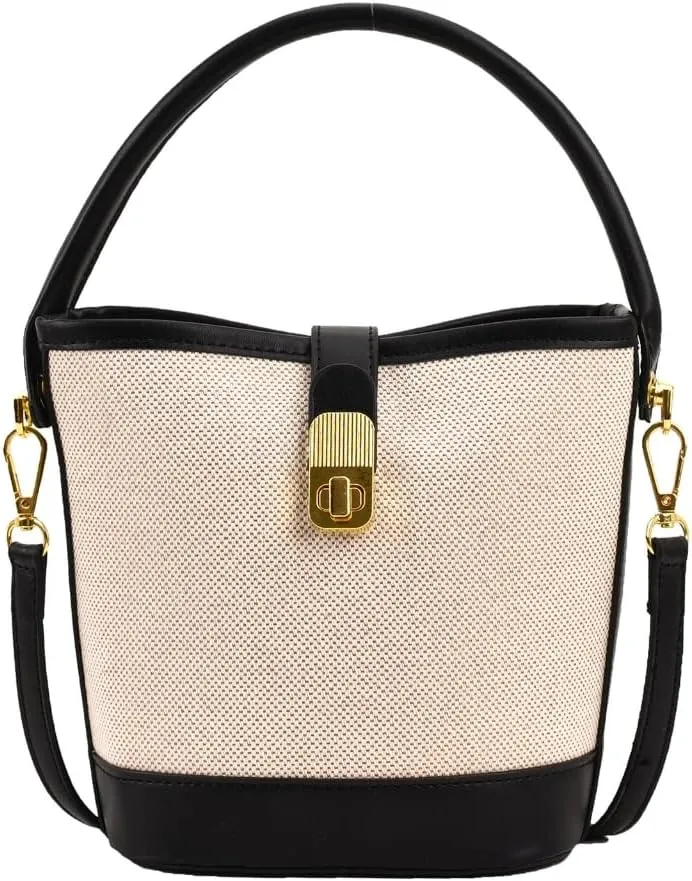 Sophisticated PU Leather Color Splicing Bucket Shoulder Bag Multifunction Crossbody Handbag Purse for Stylish Women