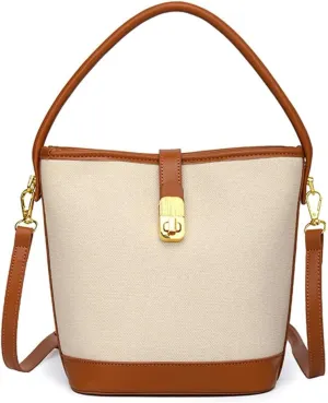 Sophisticated PU Leather Color Splicing Bucket Shoulder Bag Multifunction Crossbody Handbag Purse for Stylish Women