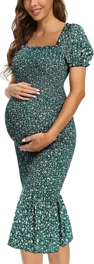 Spring Long Puff Sleeve Maternity Dress Floral Ruffle Hem Mermaid Baby Shower/Photoshoot Dress