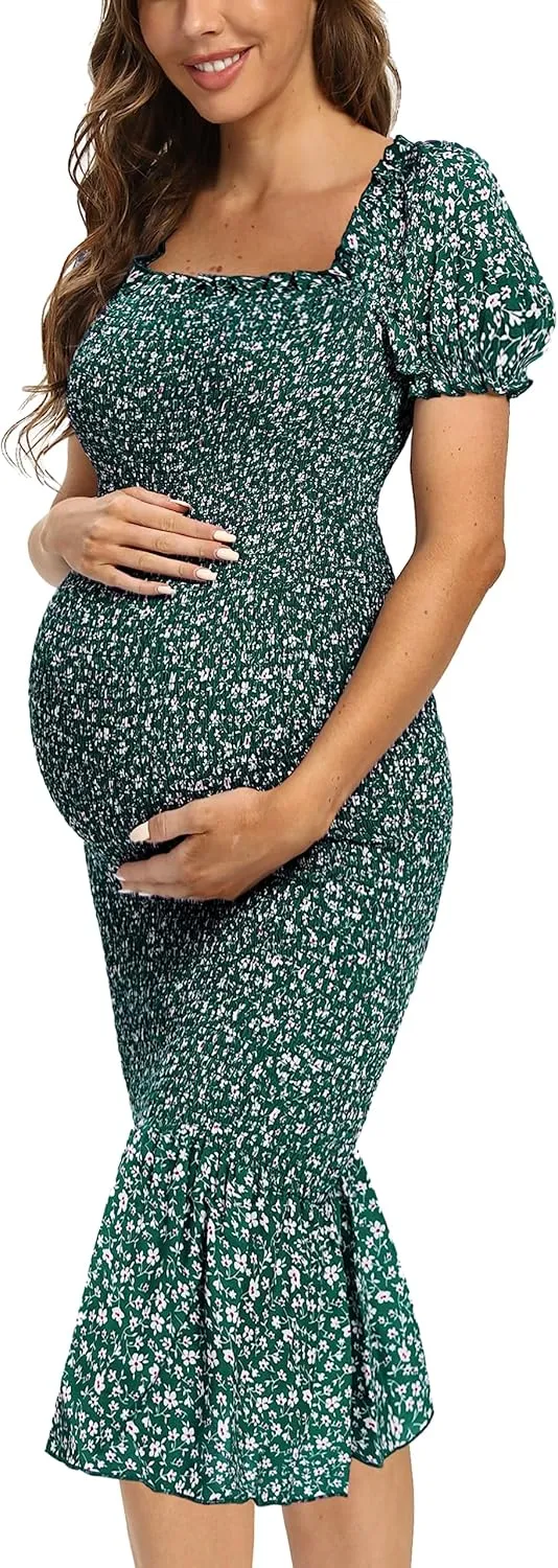 Spring Long Puff Sleeve Maternity Dress Floral Ruffle Hem Mermaid Baby Shower/Photoshoot Dress