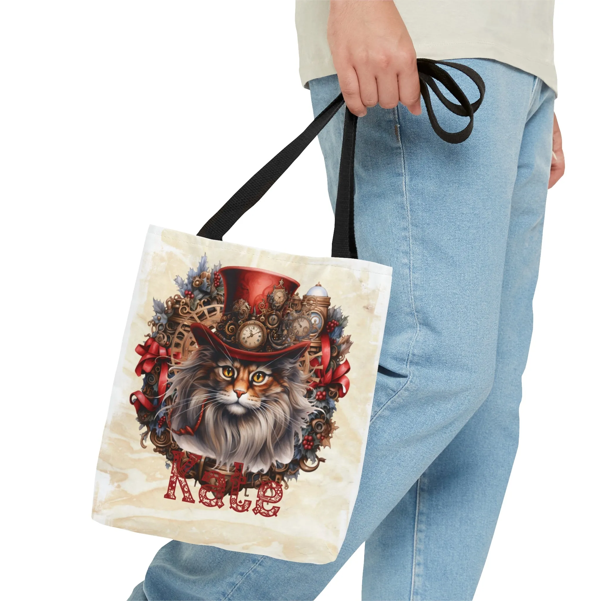 Steampunk Cat wreath Personalised Tote Bag, Steampunk Christmas bag, Christmas Tote Bag, Personalised/Non-Personalised