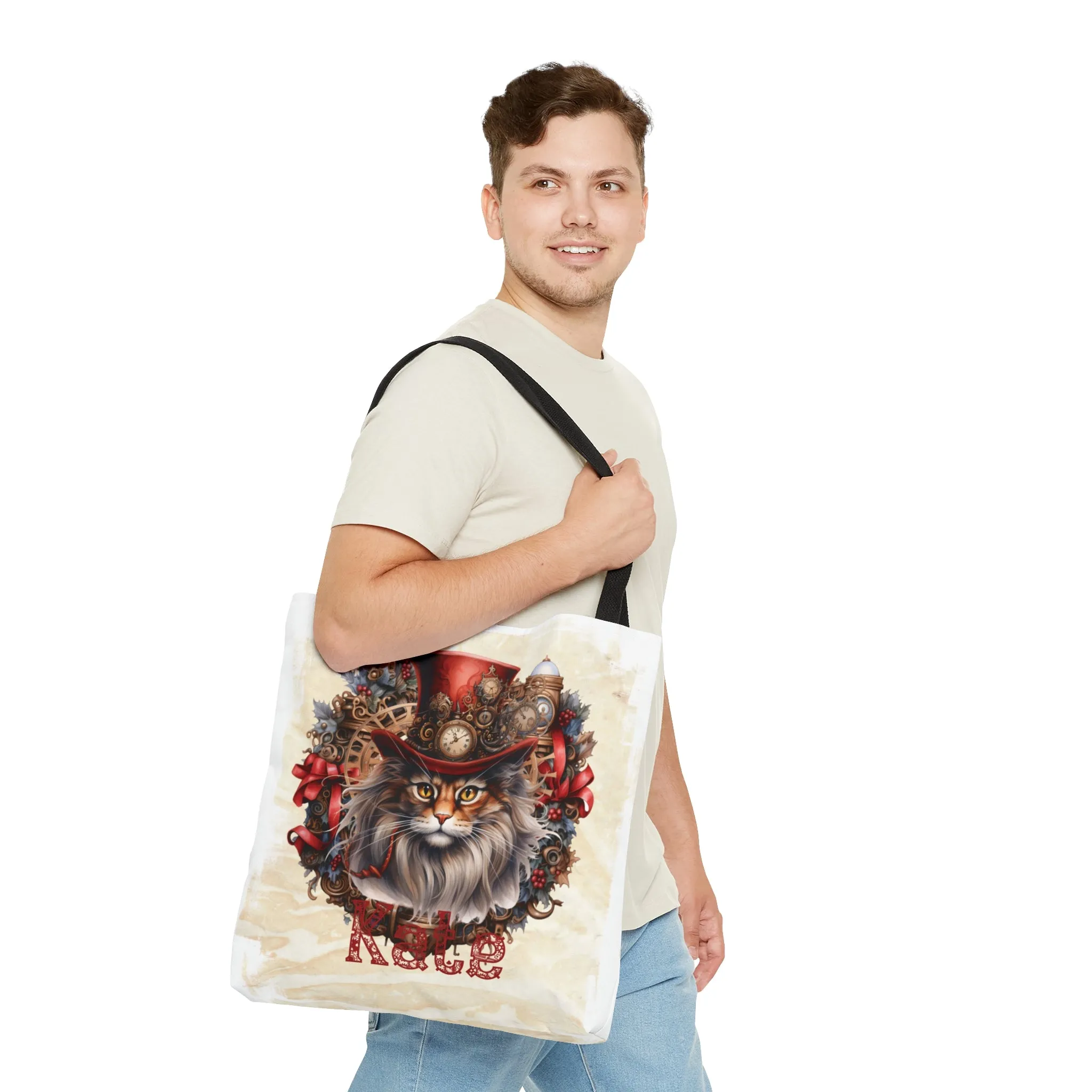Steampunk Cat wreath Personalised Tote Bag, Steampunk Christmas bag, Christmas Tote Bag, Personalised/Non-Personalised