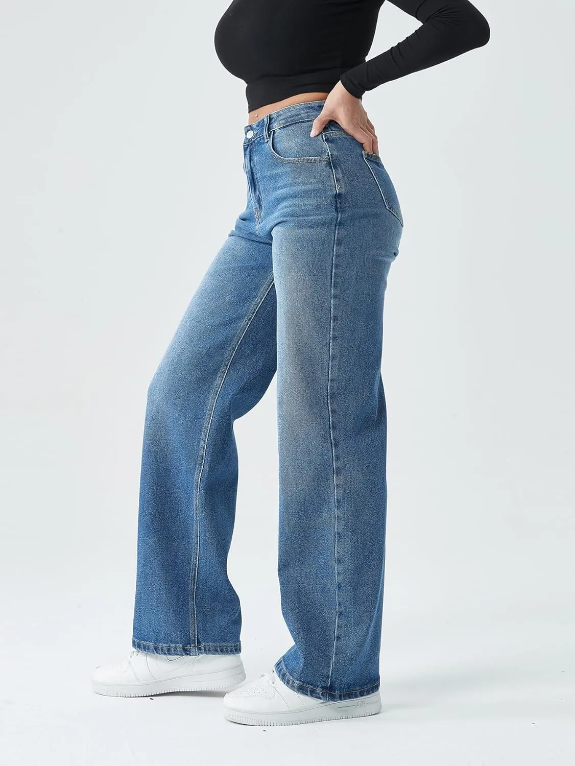 Straight Leg Jeans for Women,High Waisted Wide Leg Loose Stretchy Boyfriend Denim Pants Baggy Jeans for Women
