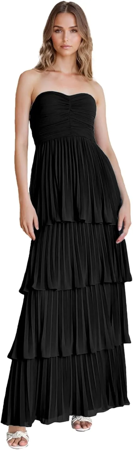 Strapless Tiered Prom Dresses 2025 Long A-Line Chiffon Ruffle Sweetheart Formal Evening Gown Womens Maxi Dress
