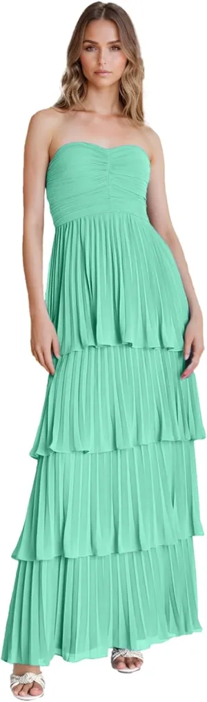 Strapless Tiered Prom Dresses 2025 Long A-Line Chiffon Ruffle Sweetheart Formal Evening Gown Womens Maxi Dress