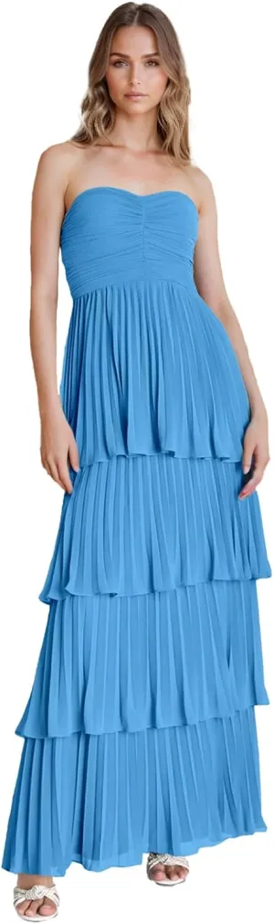 Strapless Tiered Prom Dresses 2025 Long A-Line Chiffon Ruffle Sweetheart Formal Evening Gown Womens Maxi Dress