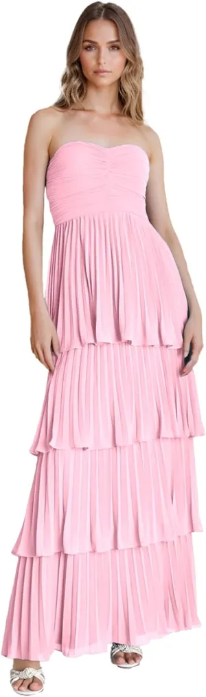 Strapless Tiered Prom Dresses 2025 Long A-Line Chiffon Ruffle Sweetheart Formal Evening Gown Womens Maxi Dress